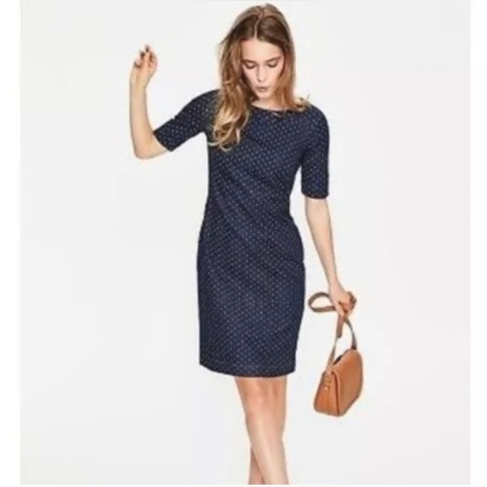 Boden Navy and White Polka Dot Denim Dress Size 10 - Picture 2 of 8